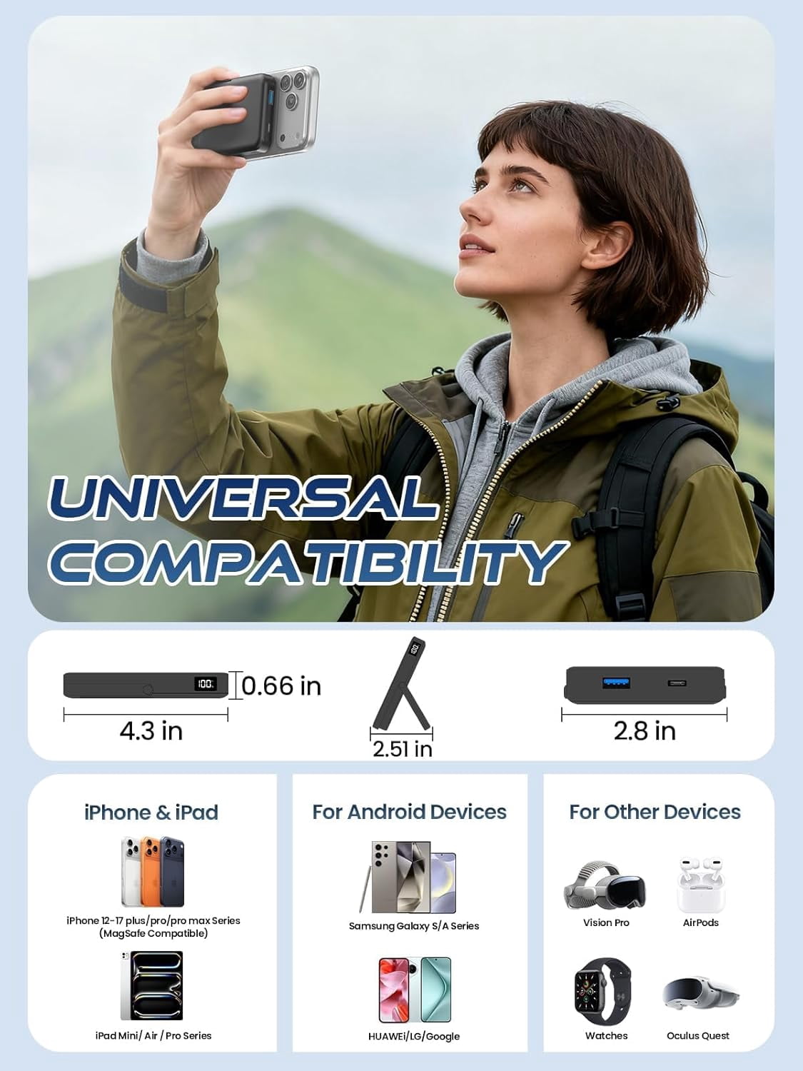 Portable Charger for Magsafe Battery Pack,10000mAh with Foldable Stand,Travel Essential PD 22.5W Fast Charge,Magnetic Charge Wireless Charger for iPhone 17/16/15/14/13/12 Series–Black