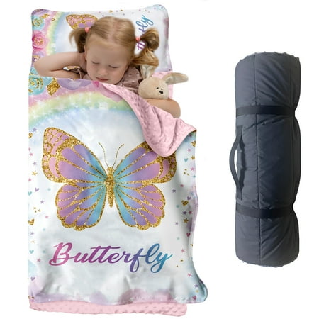 Personalized Butterfly Nap Mat for Toddlers – Colorful Rainbow Sleeping Bag With Pillow & Blanket for Preschoolers – Portable & Easy to Clean(Cushions + Pillows22.5 x55 +Blanket size: 33.5 x 45 )