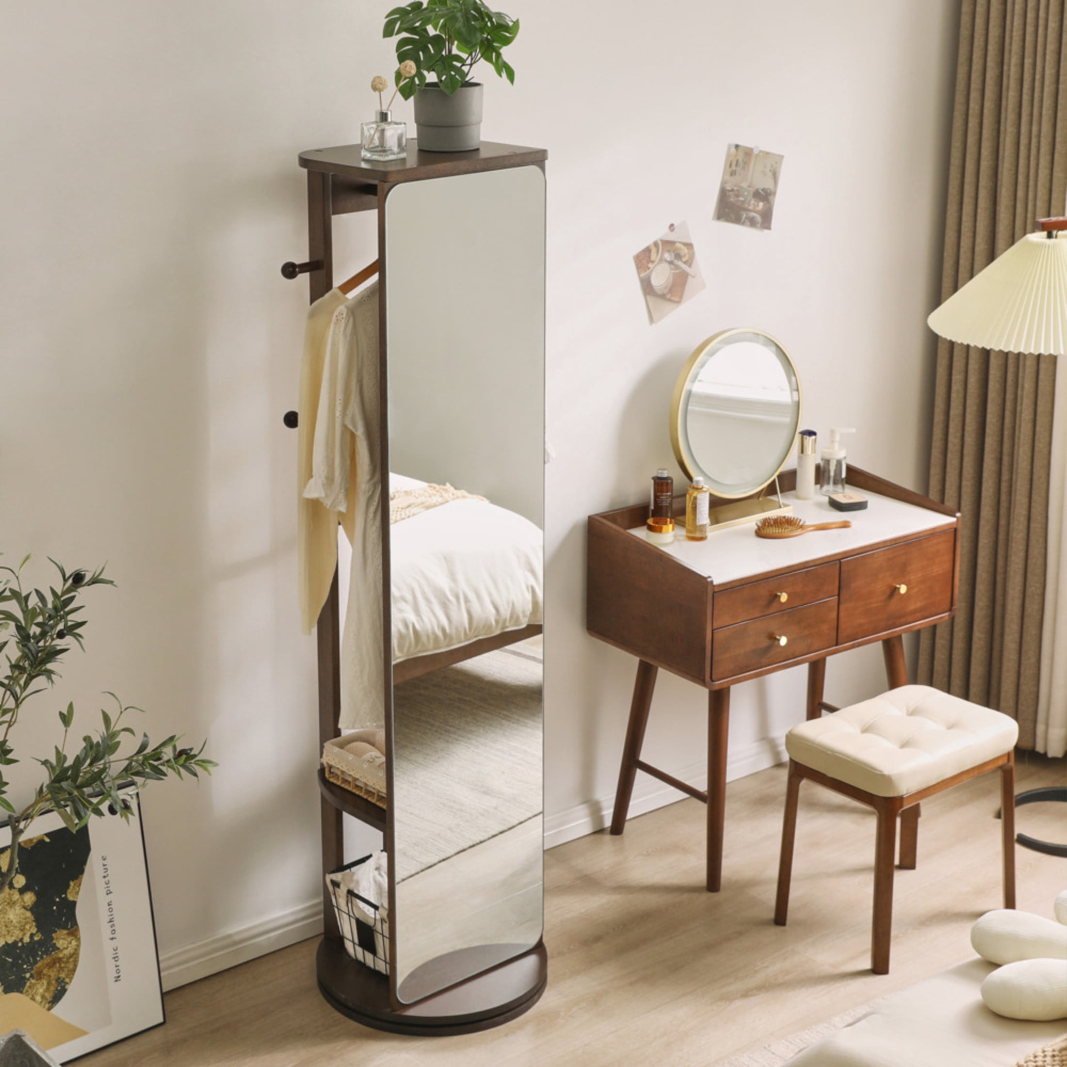 Noble House 67.72" Rotating Full Length Mirror Cabinet, Solid Rubber Wood Jewelry Armoire, Walnut