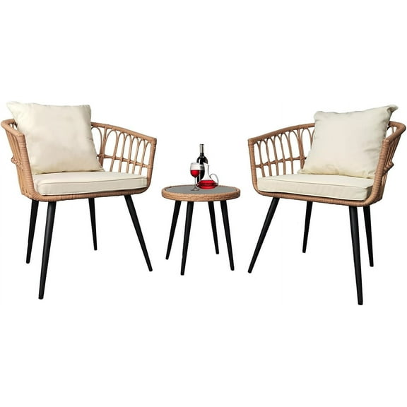 3 Piece Patio Bistro Set, Outdoor Rattan Furniture Set W/ 2 Chairs and Glass Table All-Weather Rattan Patio Conversation Set for Porch, Backyard, Balcony(Beige)