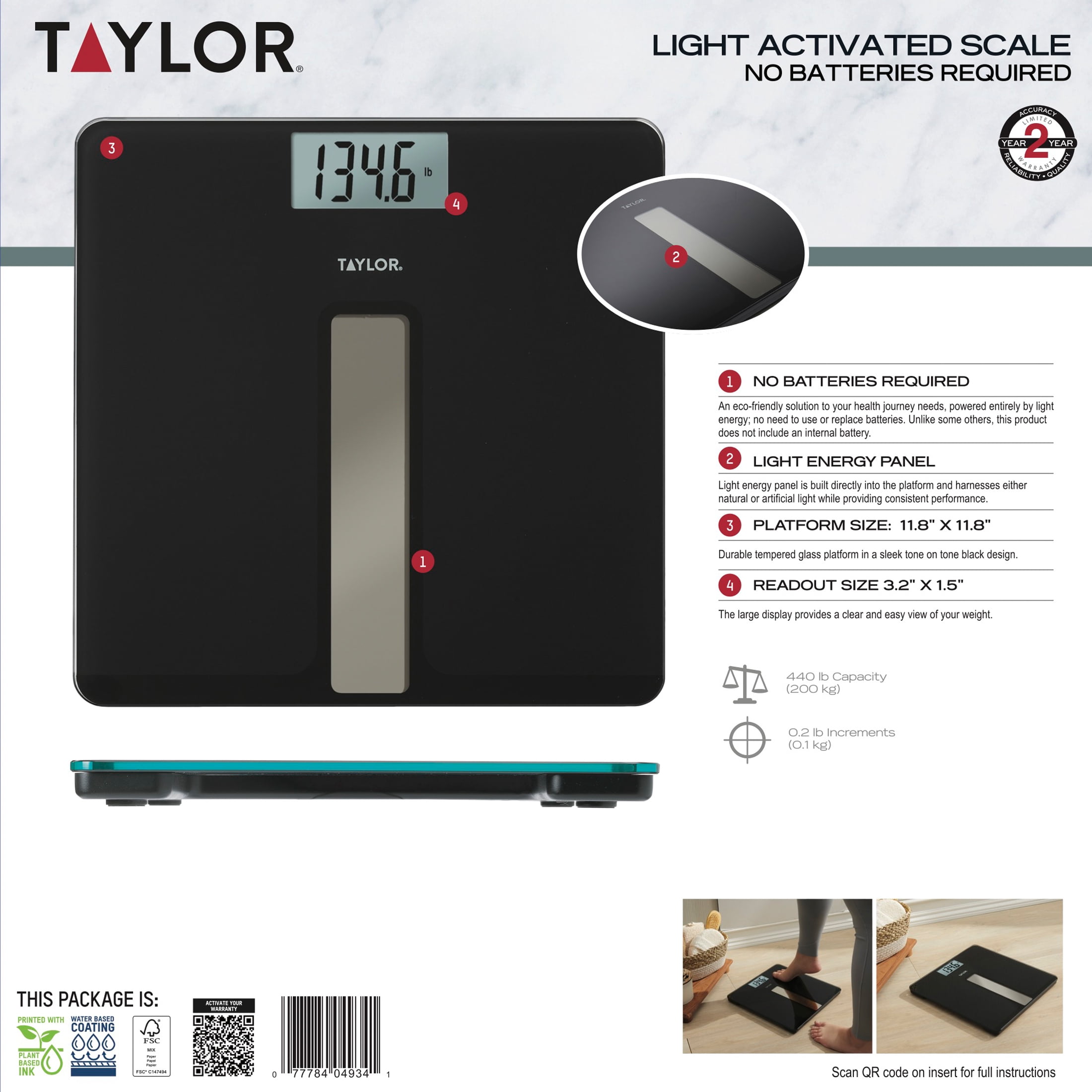 Taylor Light-Powered 11.8" x 11.8" Digital Bath Scale Black