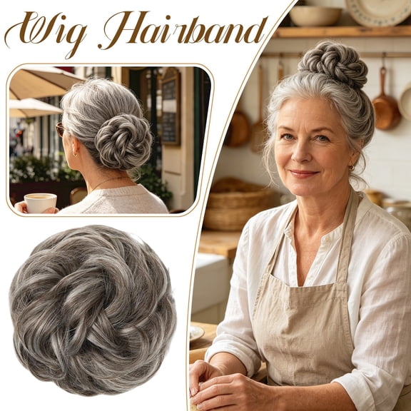 Messy Bun Hairpiece, Wavy Voluminous Hair Donut for Older Women, Thick Updo Fake Hair Extensions for Bun Ash Grey