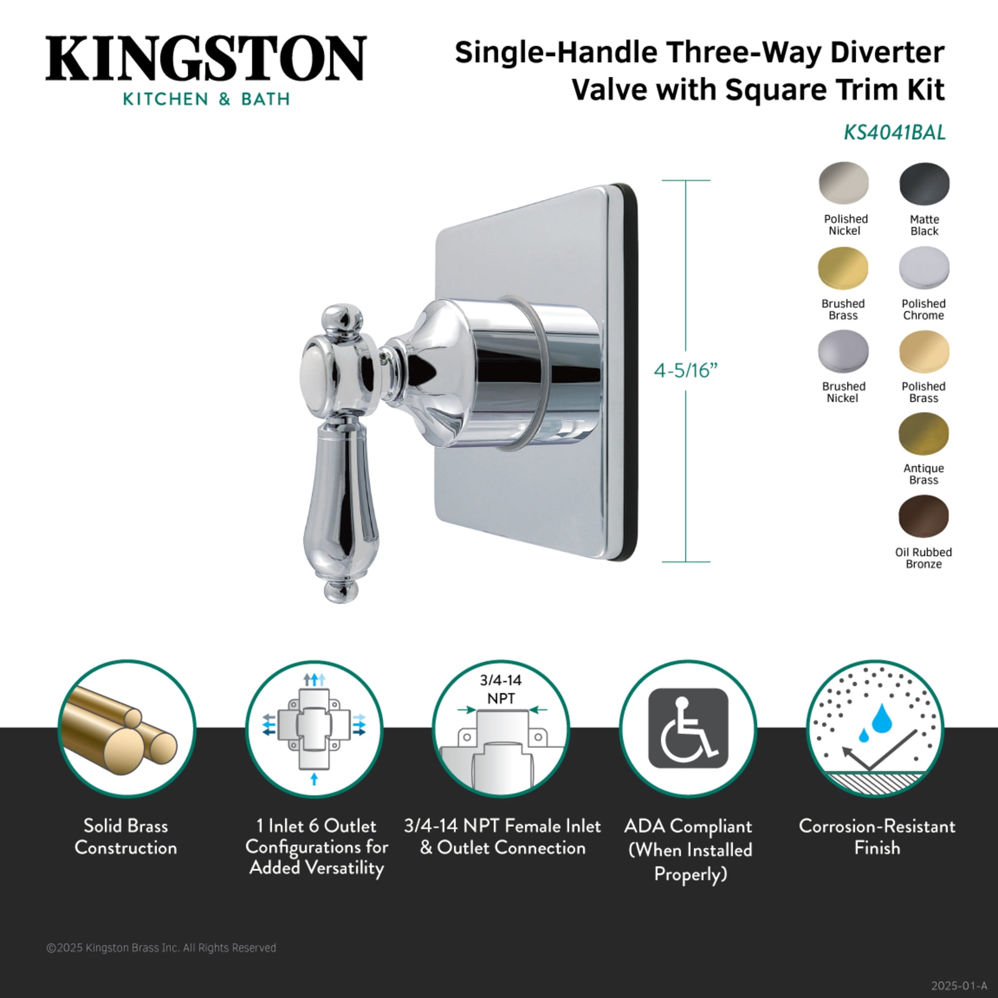 Kingston Brass KS4048BAL Heirloom Single-Handle Six-Way Diverter Valve with Square Trim Kit, Brushed Nickel