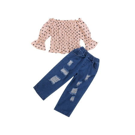 

Calsunbaby 2Pcs Toddler Girls Summer Outfits Polka Dot Print Off Shoulder Long Sleeve Smocked Tops Ripped Jeans Set Casual Wear