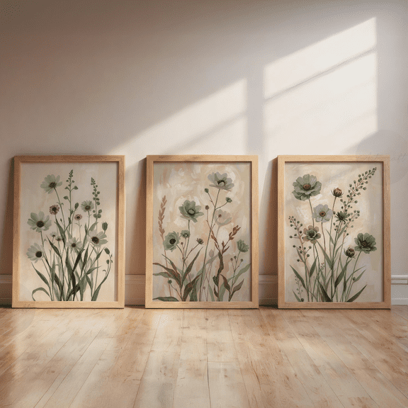 Sage Beige Wildflower Botanical Farmhouse Boho Poster Home Decor Office Wall Art Set 3