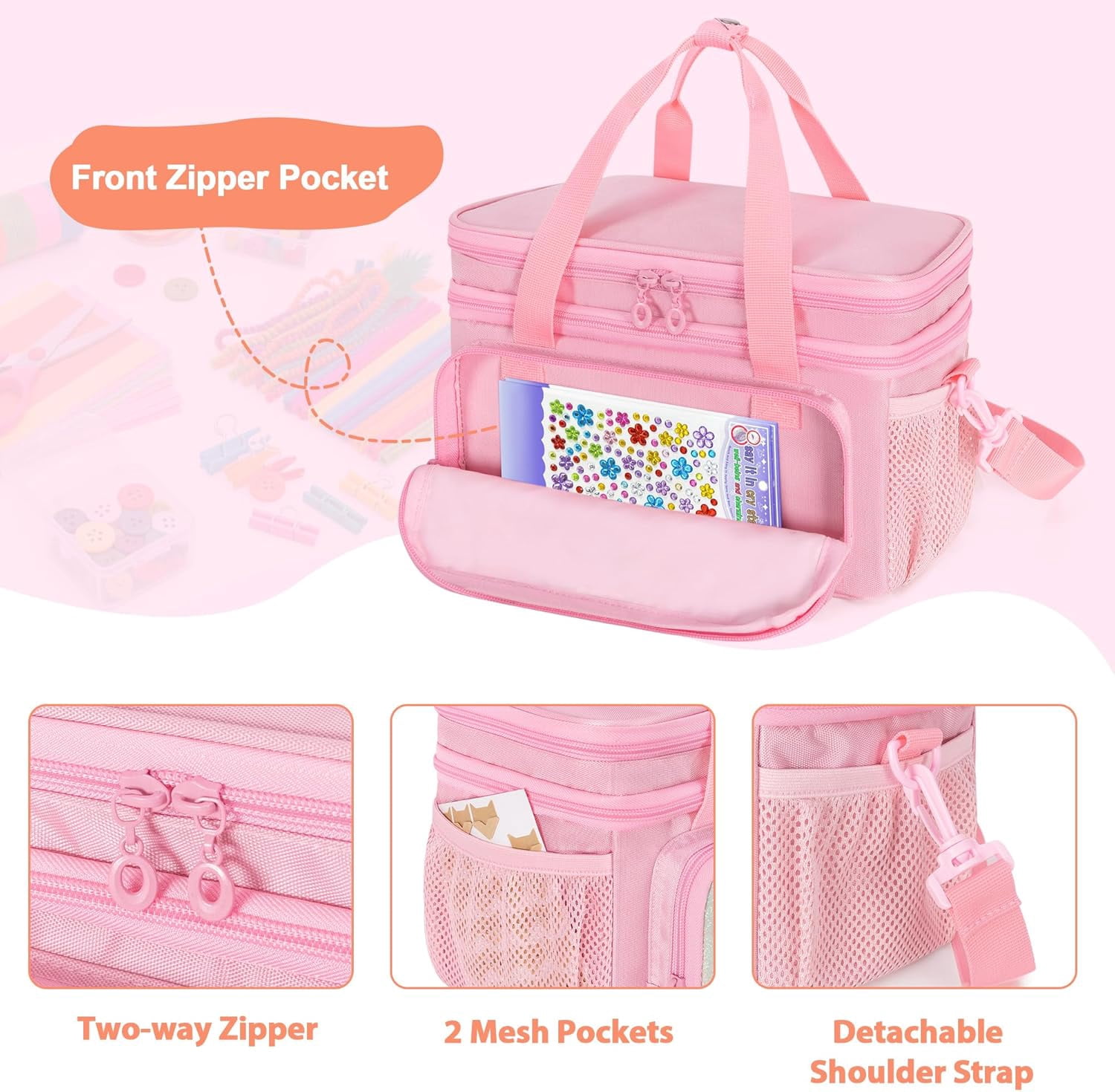 Double Layer Sewing Organizer for Crafts Sewing Supplies, Crafts Accessories Bag, Portable Sewing Box with Handle and Detachable Shoulder Strap, Rainbow Sequins Design, Pink (Case Only)