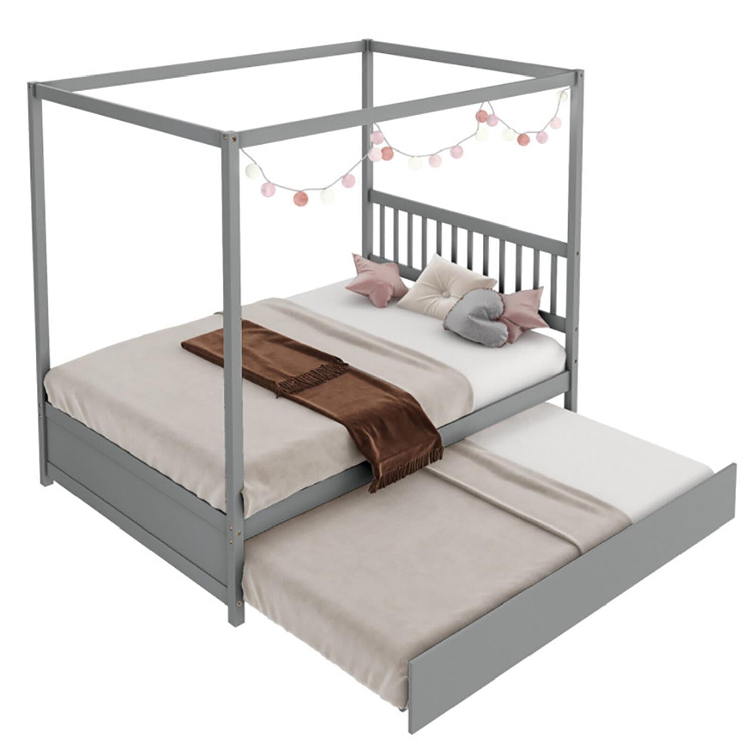 Demi Bonn Full Size Canopy Bed with Trundle Wooden Platform Bed Frame Headboard for Teens, Gray