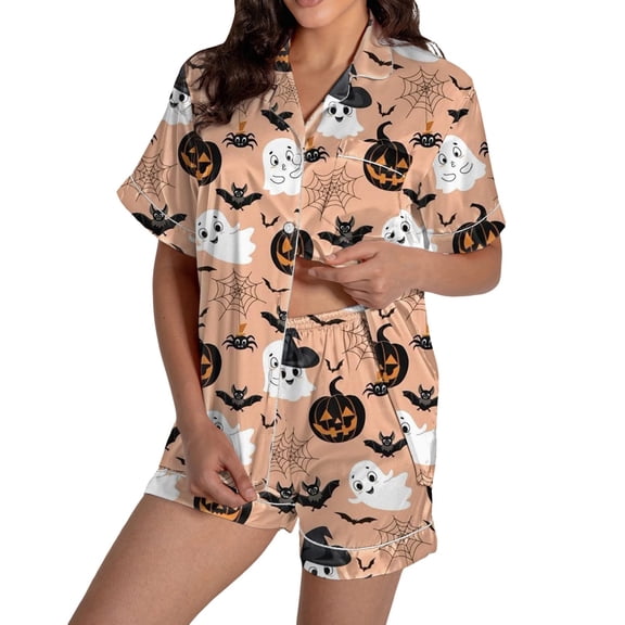 CQXIDFH Halloween Plus Size Pajamas for Women Set Graphic Print Satin Pajama Set Short Sleeve Button Top with Shorts Cute Summer Sleepwear Soft PJ Loungewear Sleepwear
