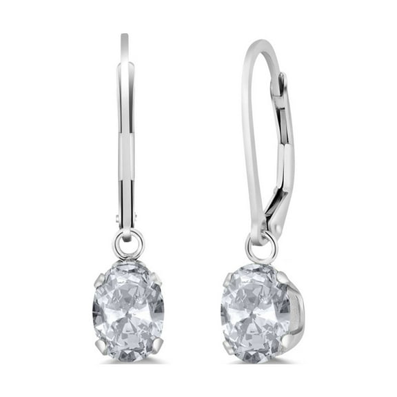 Gem Stone King 925 Sterling Silver White Topaz Dangle Leverback Earrings for Women (1.90 Cttw, Gemstone November Birthstone, Oval 7X5MM)