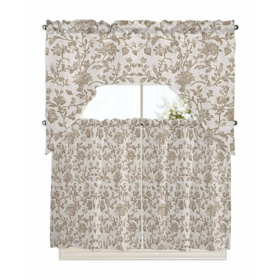 Farmhouse Khaki Kitchen Curtain and Valance Set 3 Pieces,Rod Pocket Short Tier Curtains 36 Inch Length,Vintage Flower Leaf Botanical Plant Swag Topper Small Window Treatment for Cafe Bathroom
