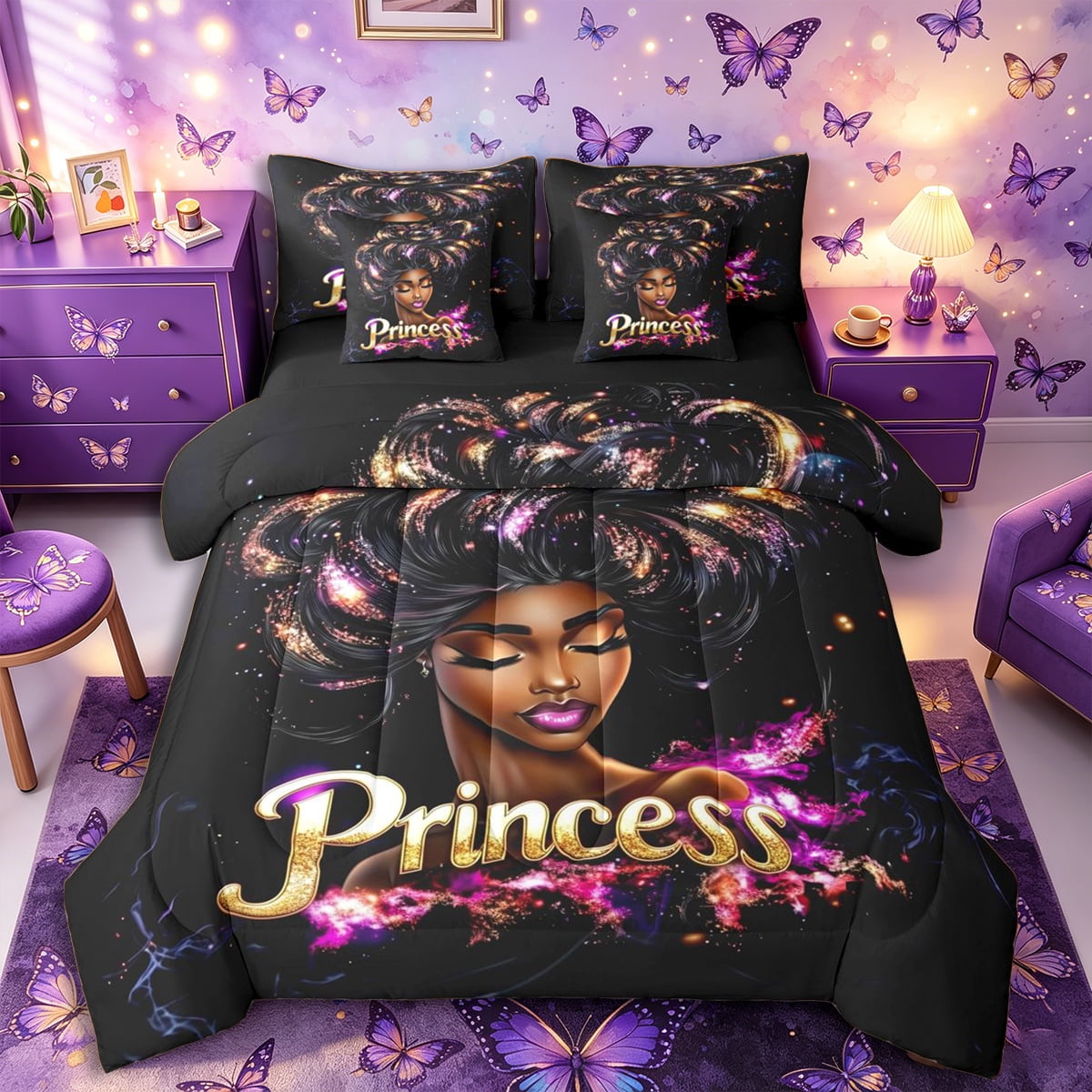 Castle Fairy Glamorous Black Girl Queen Bedding 7pcs Dreamy Princess Bedding Comforter Set Queen Gold Purple Black Reversible