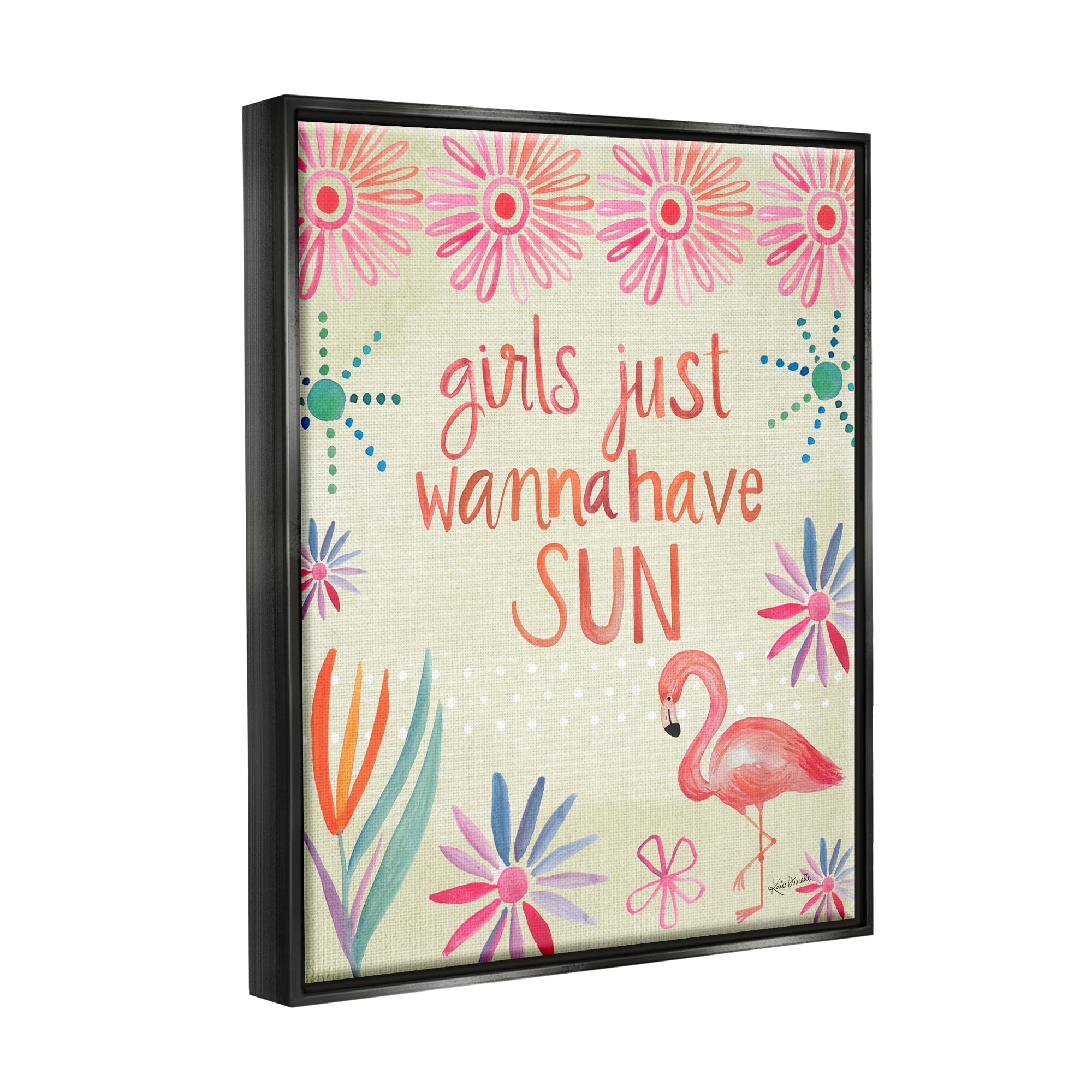 Stupell Industries Girls Wanna Have Sun Tropical Summer Floral Pattern Graphic Art Jet Black Floating Framed Canvas Print Wall Art, Design by Katie Doucette
