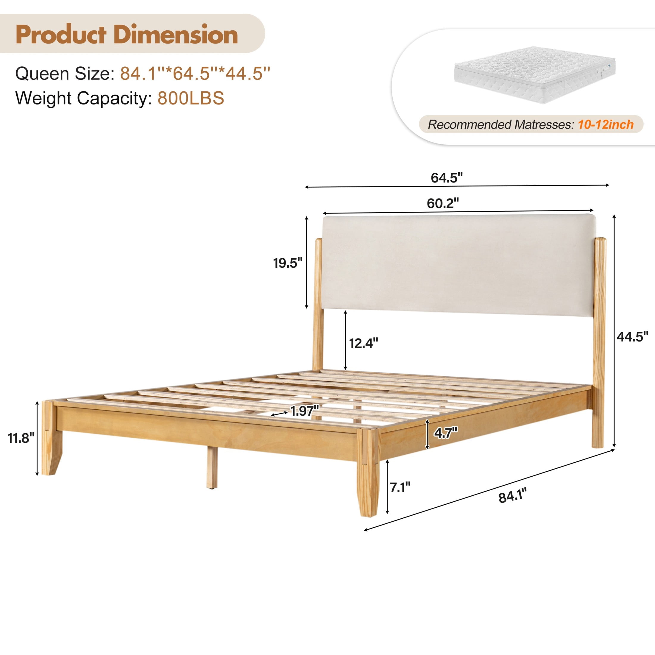 Christopher Knight Home Queen Solid Wood Platform Bed Frame with Velvet Upholstered Headboard, Oak