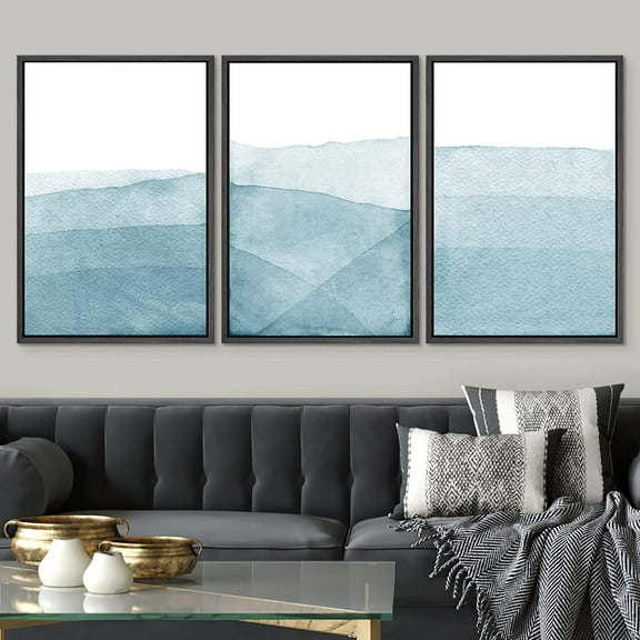 IDEA4WALL Framed Canvas Print Wall Art Set of 3 Blue Wash Brushstroke Watercolor Nature Wilderness Cozy Neutral Modern Art Decorative Contemporary Minimal for Rooms - 16"x24"x3 Black
