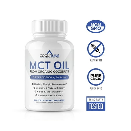 COGNITUNE MCT Oil Softgels 3000 MG - Pure Caprylic Acid (C8) & Capric Acid (C10) Medium-Chain Triglycerides from Organic Coconuts - 180 Count