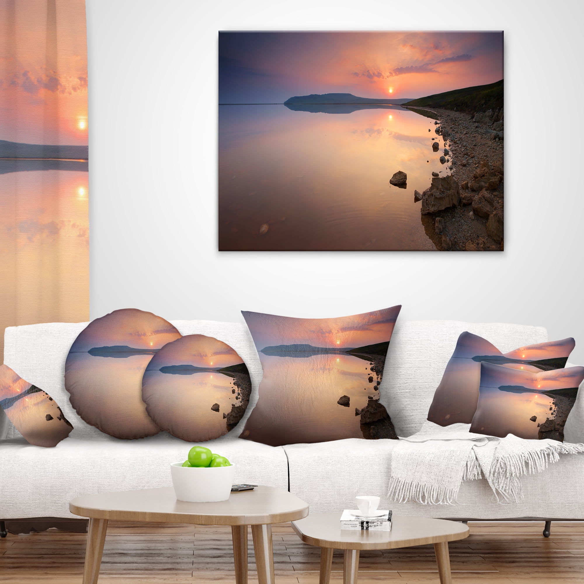 Designart Beautiful Sunrise over Tranquil Sea - Seashore Throw Pillow - 18x18