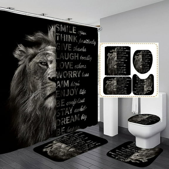 4PCS/Set Black Lion Shower Curtain Sets, Majestic Lion King Head African Wild Animal Inspirational Quotes Bathroom Decor, Waterproof Fabric Shower Curtain, Non-Slip Bath Rugs Toilet Mats, Aim High