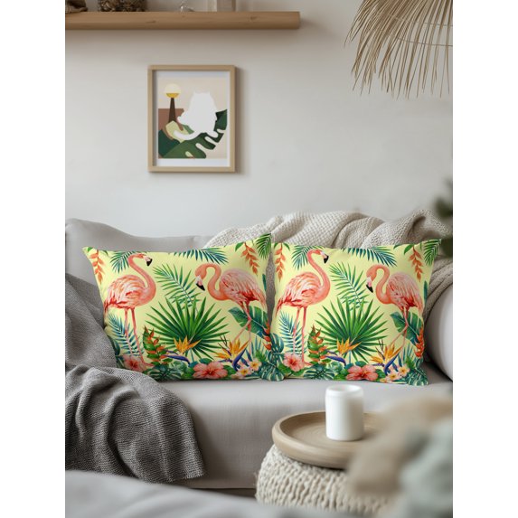 Outdoor Pillows Waterproof, Flamingos Bedding Throw Pillows with Insert for Couch Sofa Bed, Summer Botanical Leaves Floral Watercolor 18x18 Inch Pillowcases Decorative Camping Patio Pillow Set of 1