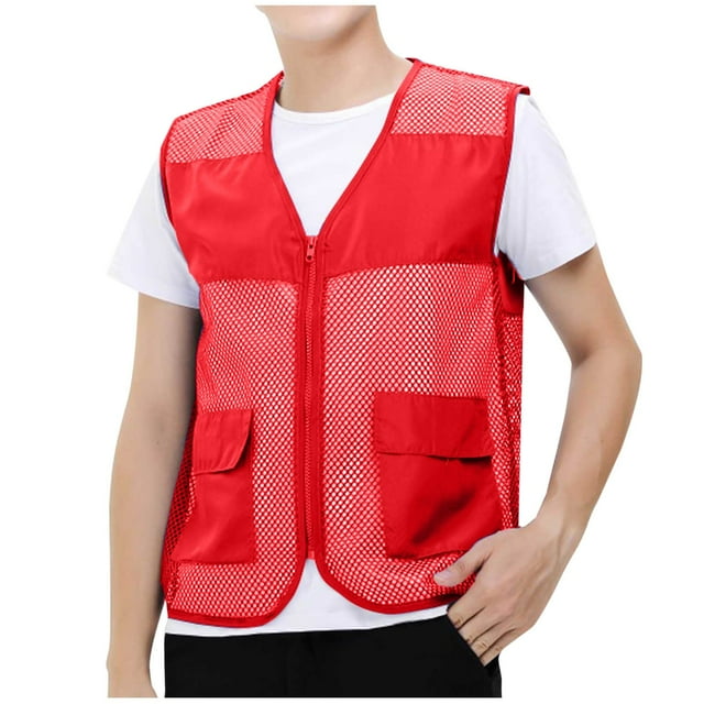 Cameland Plus Size Men Vest Tops Solid-Color Convenient Mesh Outdoor Breathable Zipper Pockets V-Neck Tank Top
