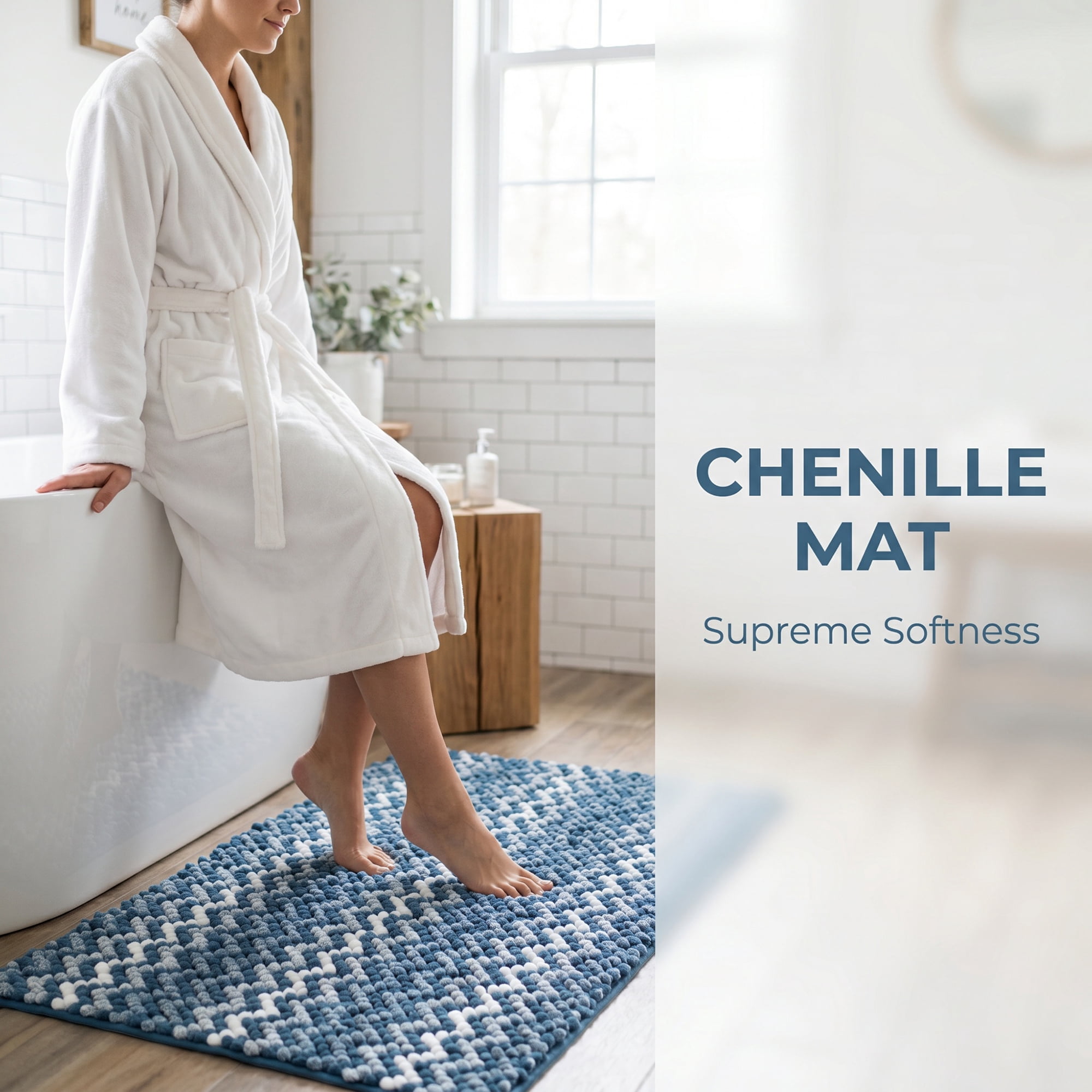 Unique Bargains Ultra Soft Non Slip Machine Washable Chenille Bath Mat Dark Blue 24" x 16"