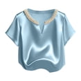 thumbnail image 2 of TaTaai Women's Loose Fit Summer Top Short Sleeve V-Neck Solid Color Pearl Accent Professional Office Casual Blouse Gift, 2 of 5