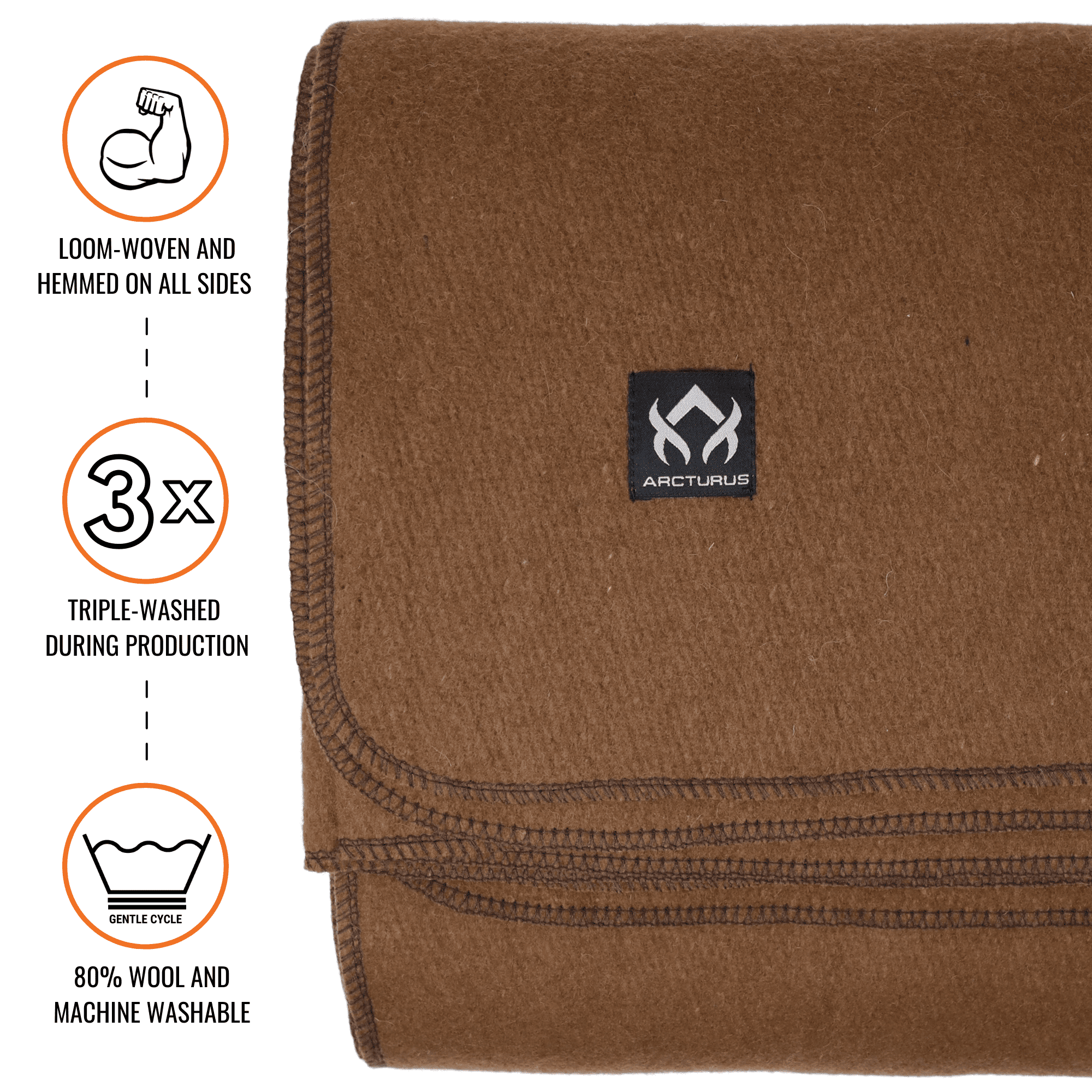 Arcturus Military Wool Blanket - 4.5 lbs, Warm, Thick, Washable, Large 64" x 88" - Great for Camping, Outdoors, Sporting Events, and Survival Kits (Camel)