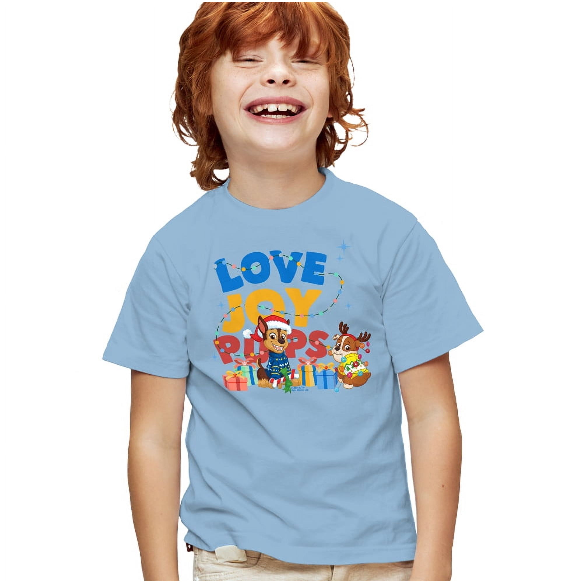 Paw Patrol Christmas Love and Joy with Chase and Rubble Kids T Shirt for Youth Boys and Girls, Light Blue, Medium