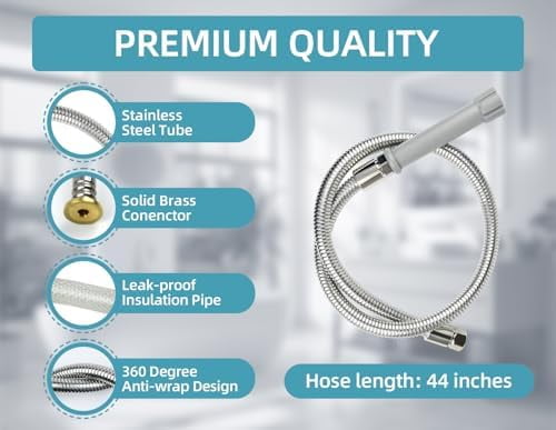 44 Inches B-0044-H Pre-Rinse Hose Replacement for T&S Brass, Commercial Kitchen Sink Spray Flexible Stainless Steel Hose with Heat Resistant Handle