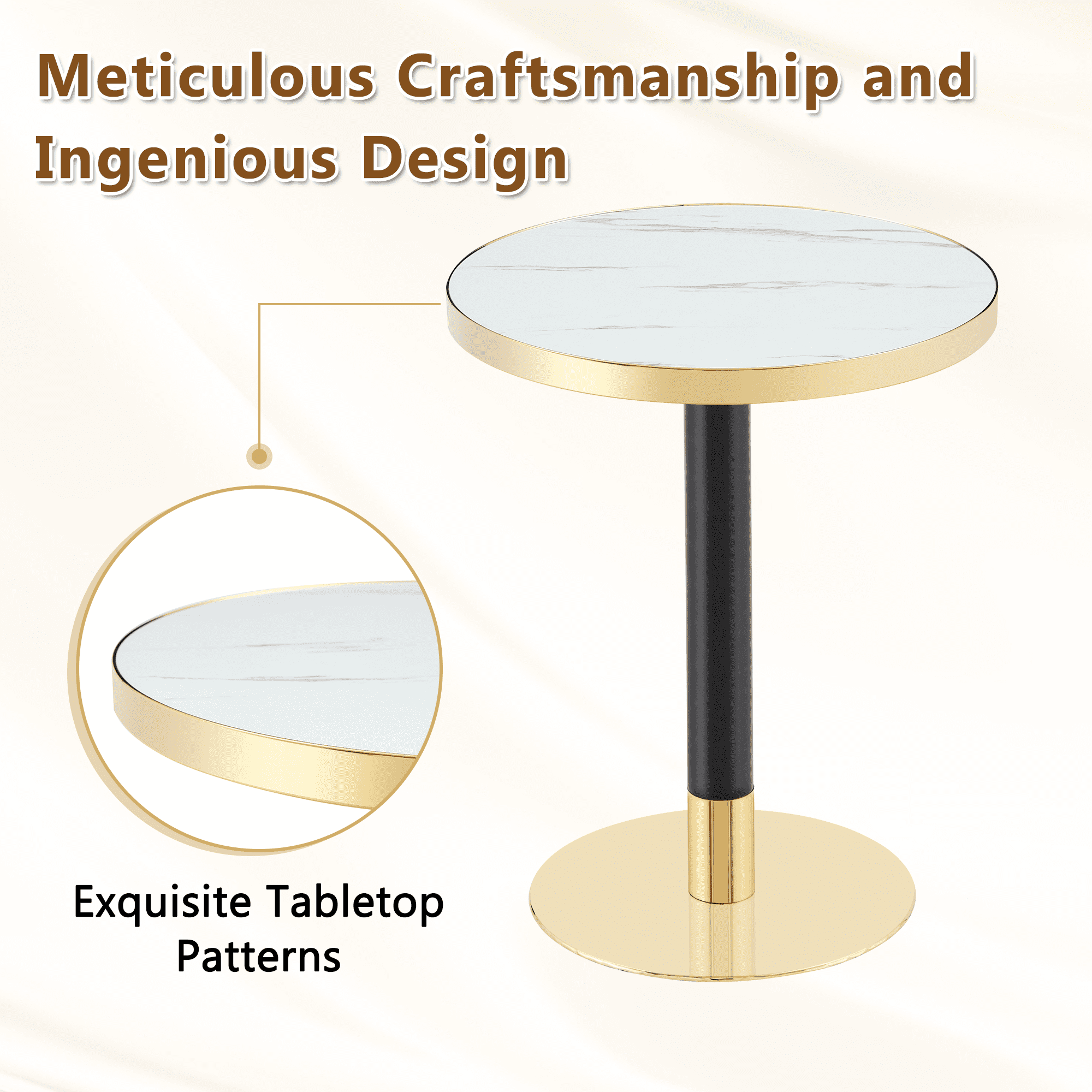 23.6" Round MDF sprayed with UV paint countertop, marble texture, stainless steel edging, metal table legs, modern light luxury edge/coffee table.