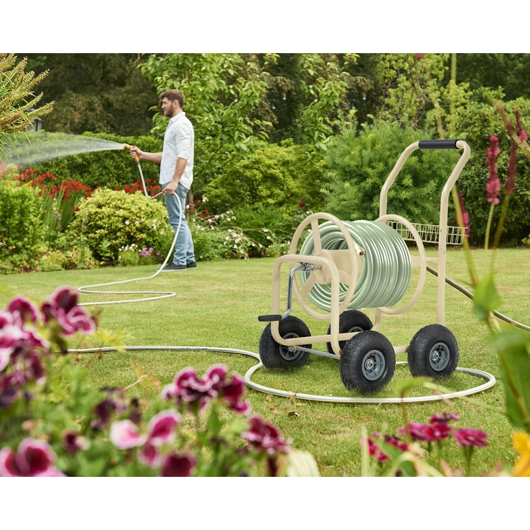 Garden Hose Reel Cart with Wheels, Water Hose Reel Cart Heavy Duty Hose  Reel Holds 300-Feet of 5/8-Inch Hose Metal Hose Reels for Outdoor Yard Lawn