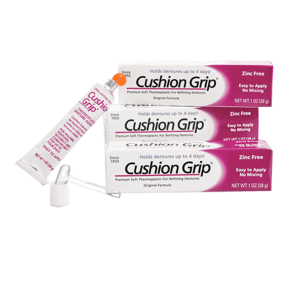 Cushion Grip Thermoplastic Denture Adhesive, 1 oz (3-Pack) – Refits & Tightens Loose Dentures, Comfortable Hold Up to 4 Days, Waterproof, Zinc-Free