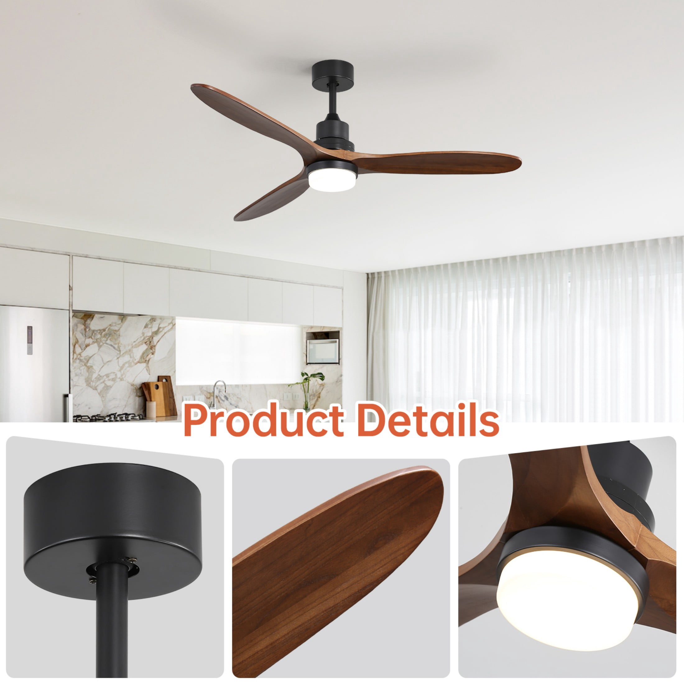 Sofucor 60" Black with Brown Blades Modern Ceiling Fan with Light and Remote