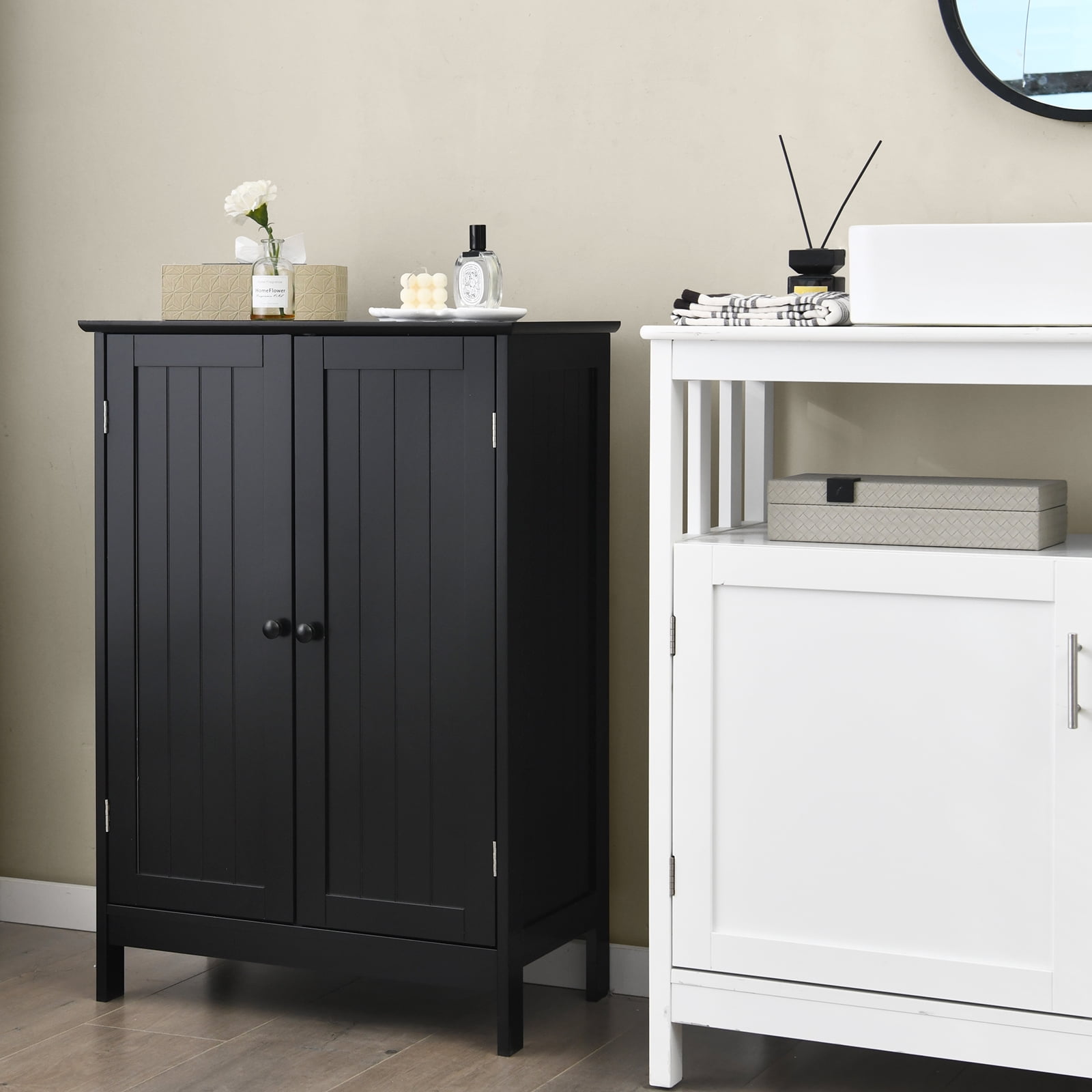 Topbuy Bathroom Storage Cabinet Freestanding Display Storage Organizer Cabinet w/ Double Doors Modern 3-Tier Floor Cabinet