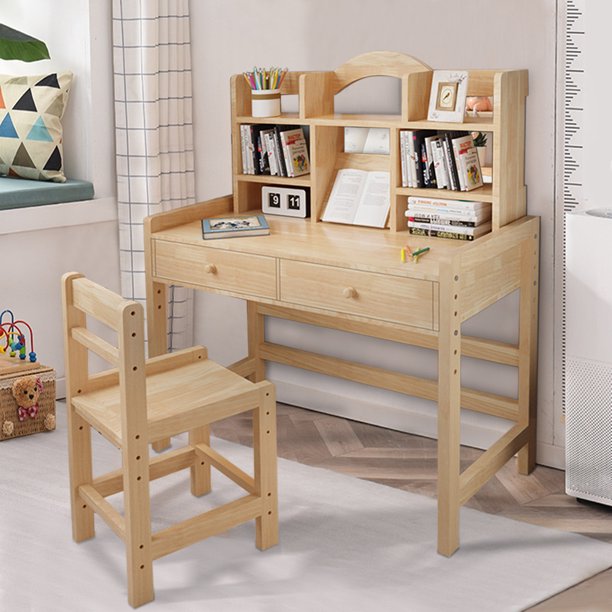 Qleicom Kids Desk And Chair Set Kids Table Student Desk Wood Desk Height Adjustable Desk With 2 Drawers 7 Storage Shelves Tilted Reading Stand Yellow Walmart Com Walmart Com