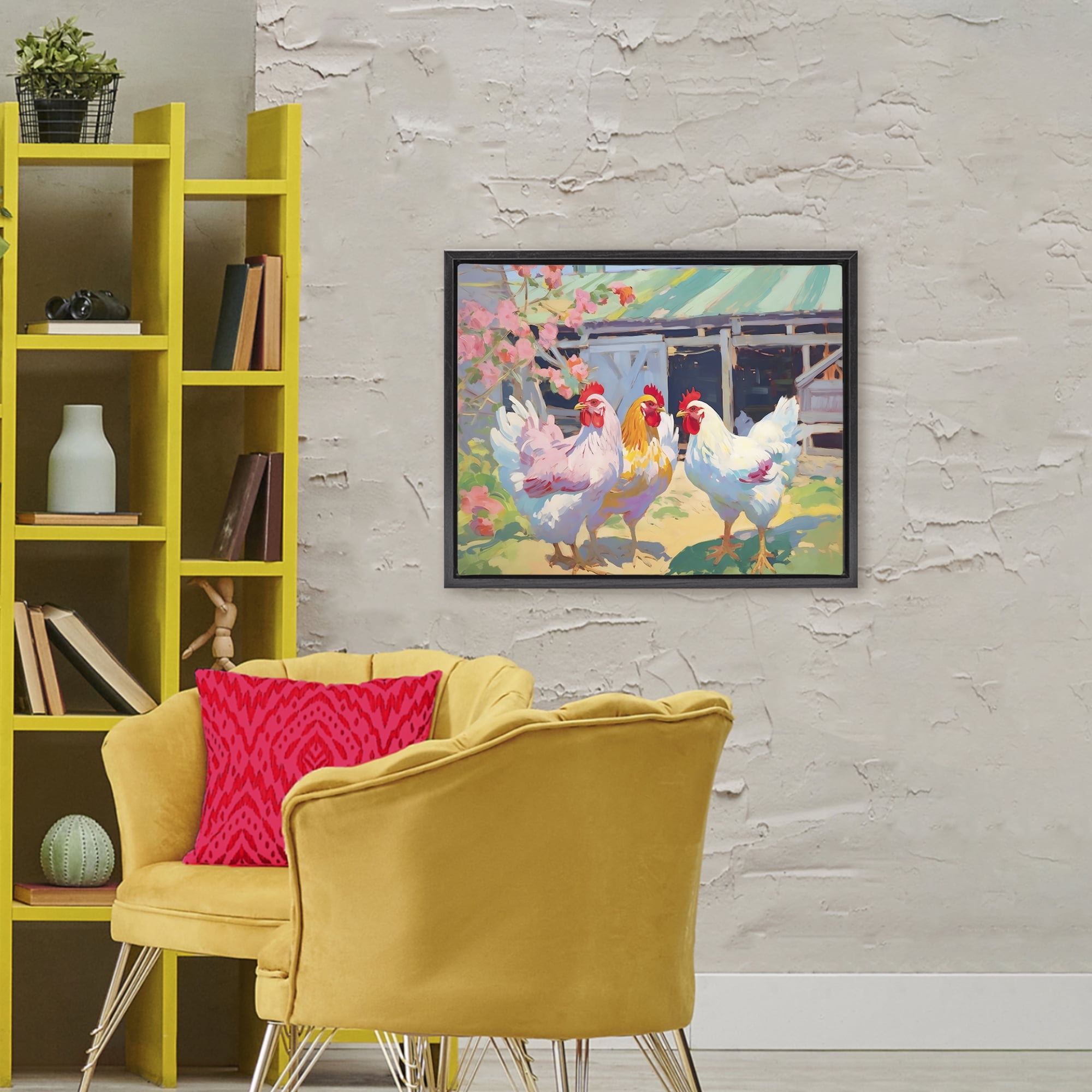 Stupell Industries Colorful Chickens in Sunlit Yard Black Framed Floater Canvas Wall Art, design by Creative Studio