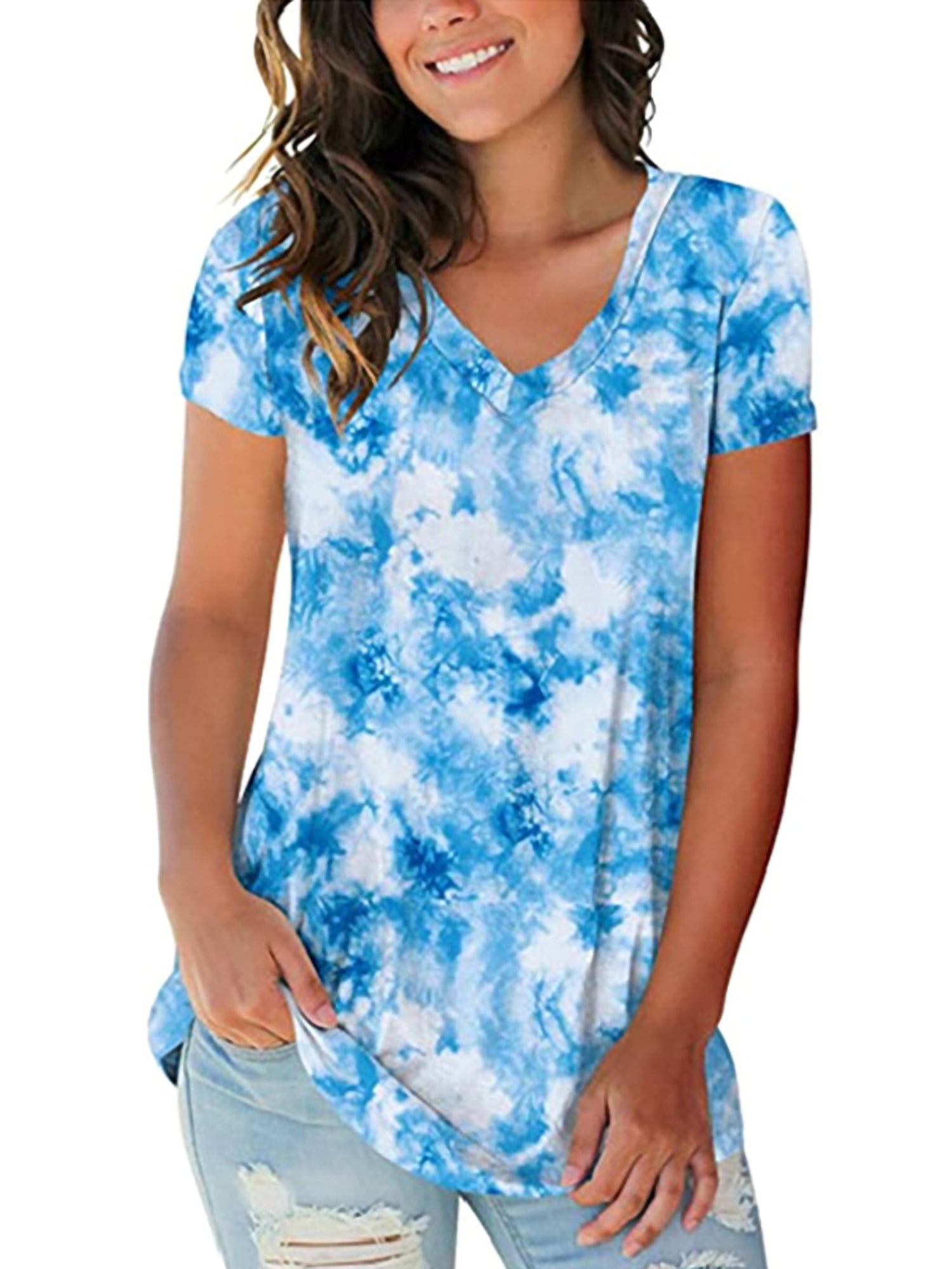 Lumento Womens Floral Basic V Neck Short Sleeve T Shirts Summer Casual ...