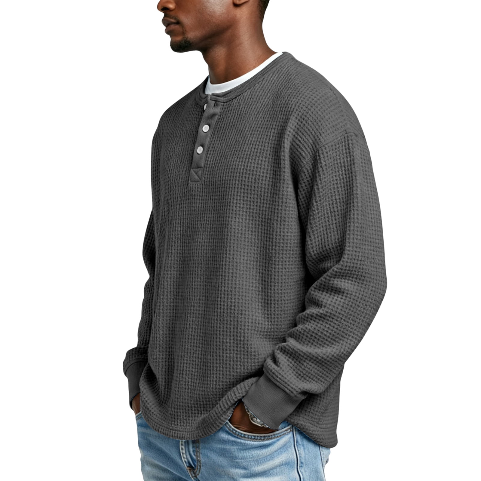【GRAY】Henry neck waffle L/S Men's Fashion Waffle Henry Shirt Long Sleeve Crewneck Textured