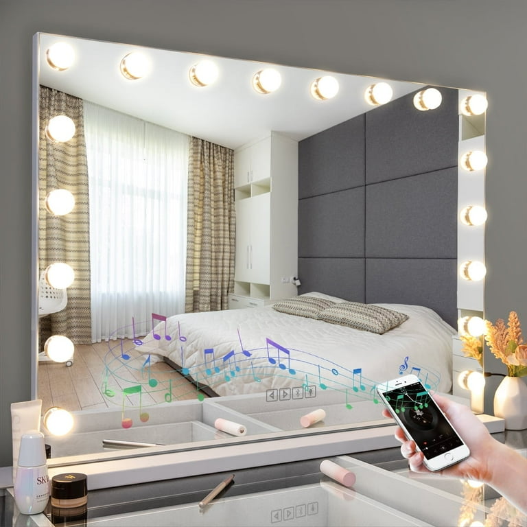 Fenchilin 32"x23" Vanity Mirror with Lights Bluetooth Tabletop Wall Mount Metal White
