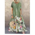 thumbnail image 4 of Primavera y verano nuevo vestido de dos piezas falso con cuello redondo estampado de algodón y lino, 4 of 5