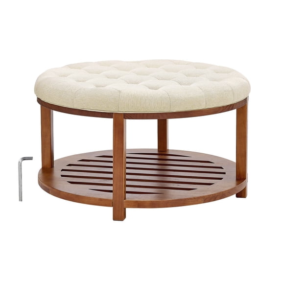 31.9 Inch Round Tufted Ottoman Coffee Table with Solid Wood Storage Shelf, Linen Upholstered Multi-Purpose Ottoman Footrest for Bedroom & Living Room, Holds 350 lbs (Linen)