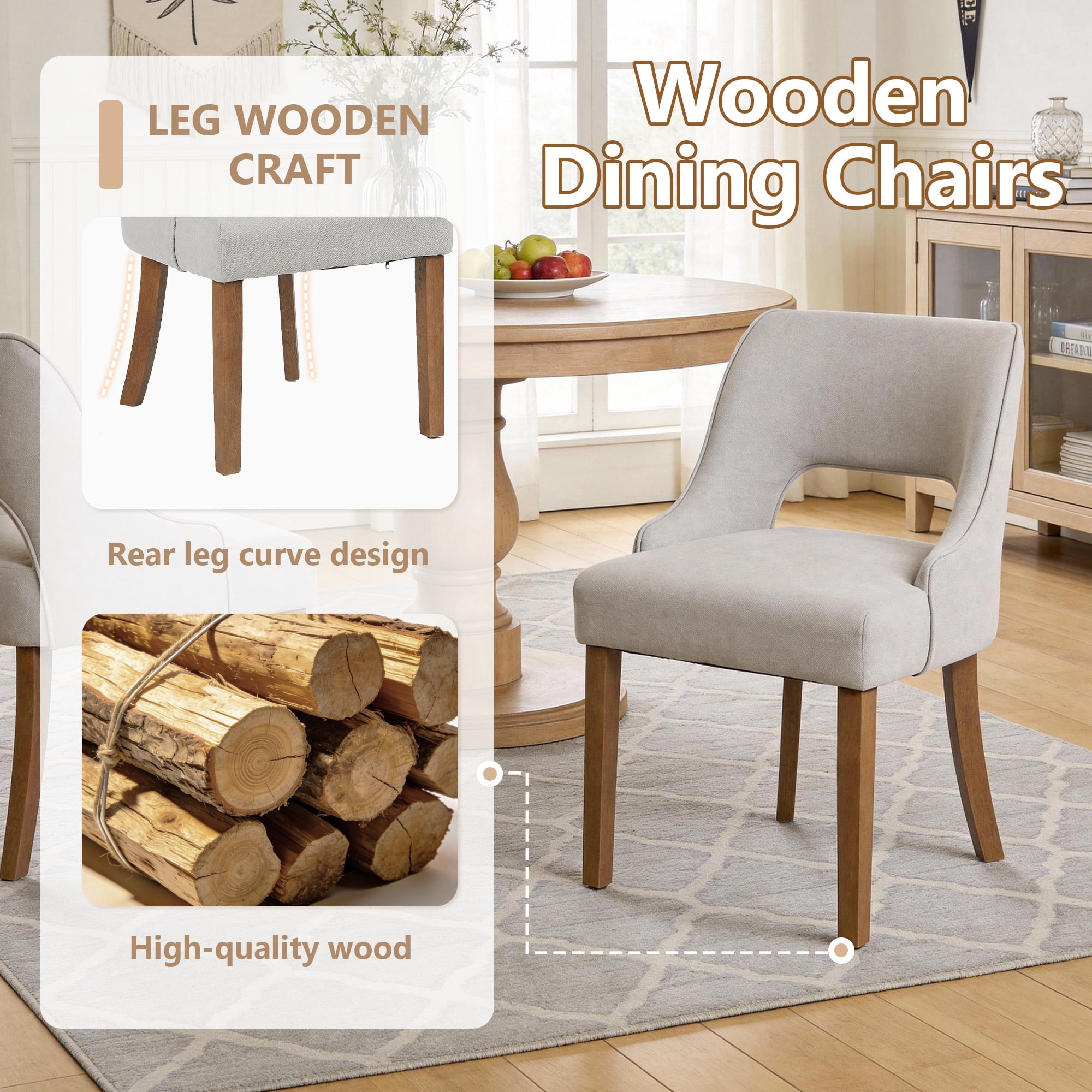 ClinQ Dining Chair,Morden Wood Leg Upholstered Kitchen Chair Set of 2, Linen-Walnut Leg
