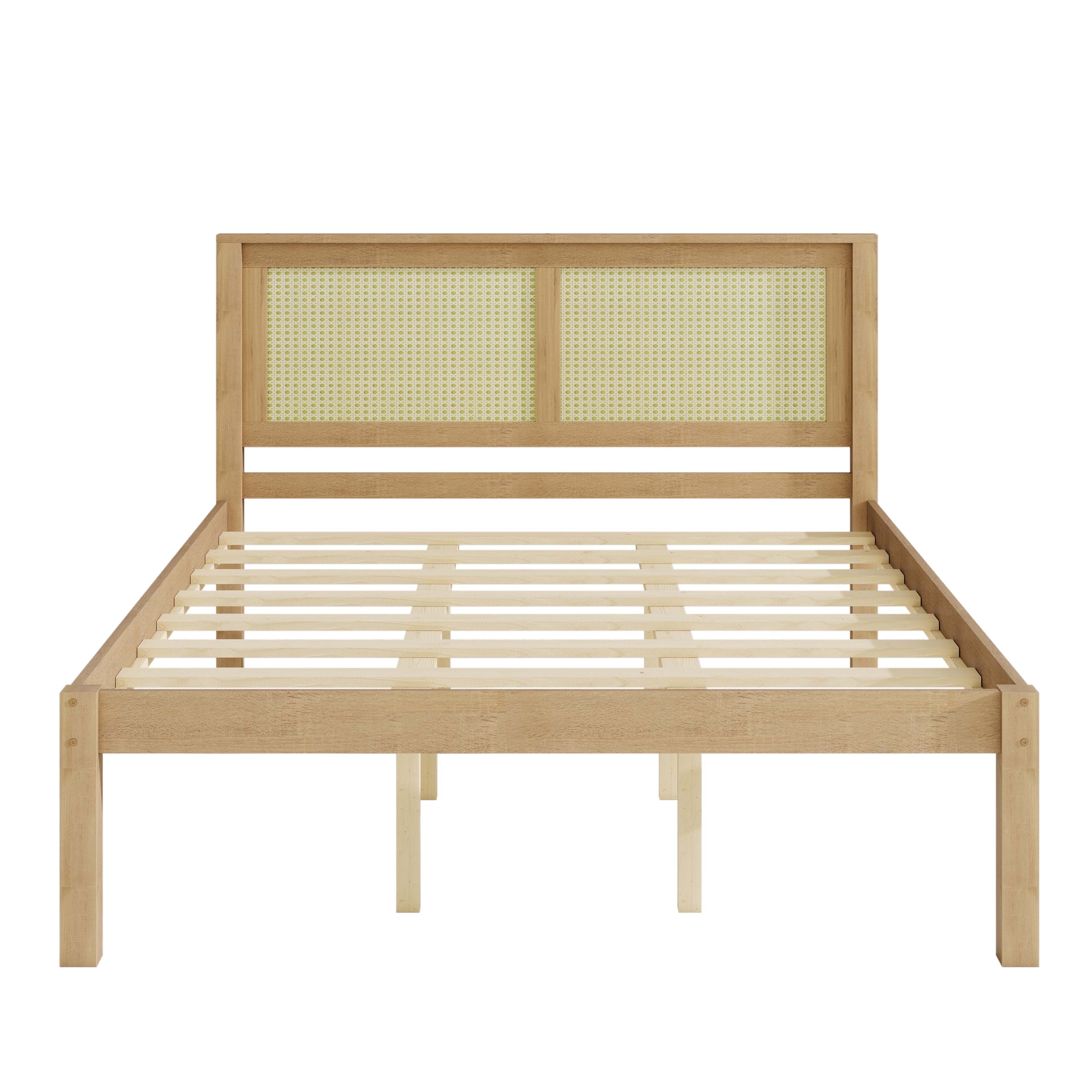 Queen Bed Frame with Rattan Headboard, Solid Wood Platform Bed and Farmhouse Boho Bed Frame with Under-Bed Storage for Bedroom, Natural Wood