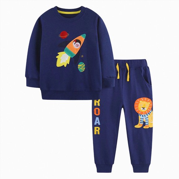 felwors Boys 2 Piece Outfits Long Sleeve Solid Astronaut Pattern Top and Sweatpants Fall Winter Clothing Set (Blue,6-7 Years)