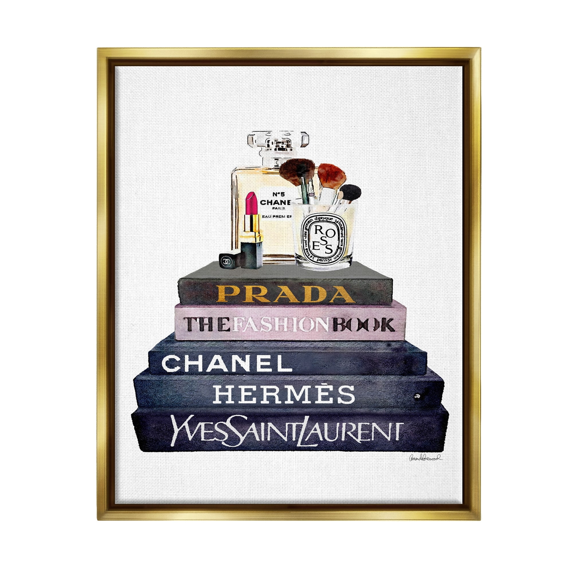 Stupell Industries Glam Fashion Book Set With Makeup Metallic Gold Framed Floating Canvas Wall Art, 16x20, by Amanda Greenwood