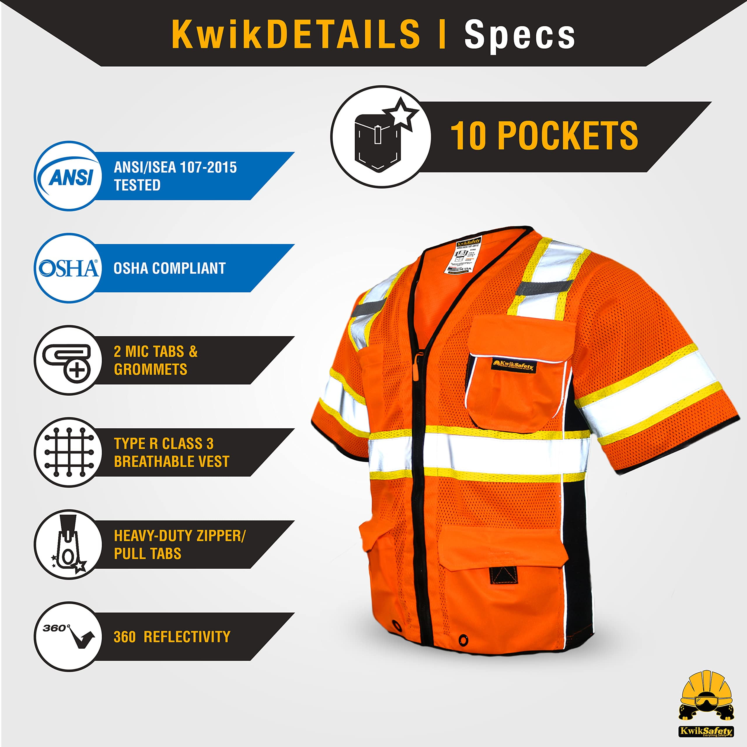 KwikSafety (Charlotte, NC) EXECUTIVE Safety Vest (10 Pockets) Class 3 ANSI OSHA High Visibility Reflective Heavy Duty Mesh Zipper HiVis Construction Work Site HiViz Men Women | Orange 2X-Large