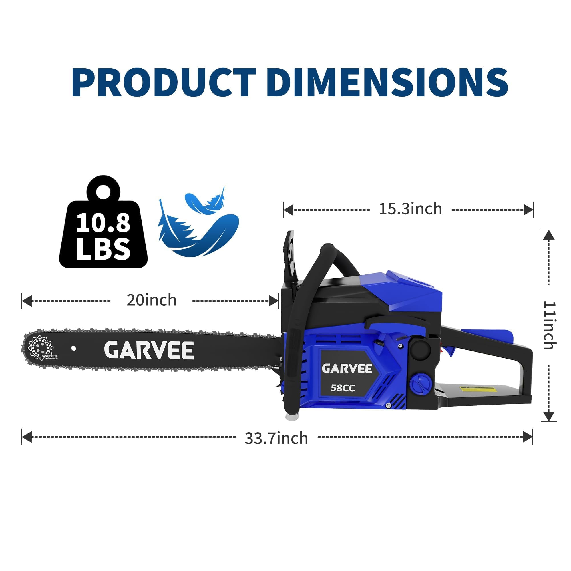 58cc Gas Chainsaw, 2-Stroke Engine, 2.5 kW Power, Quick Start, Chain Brake, Anti-Vibration, Non-Slip Handle, 3.4 HP, Blue
