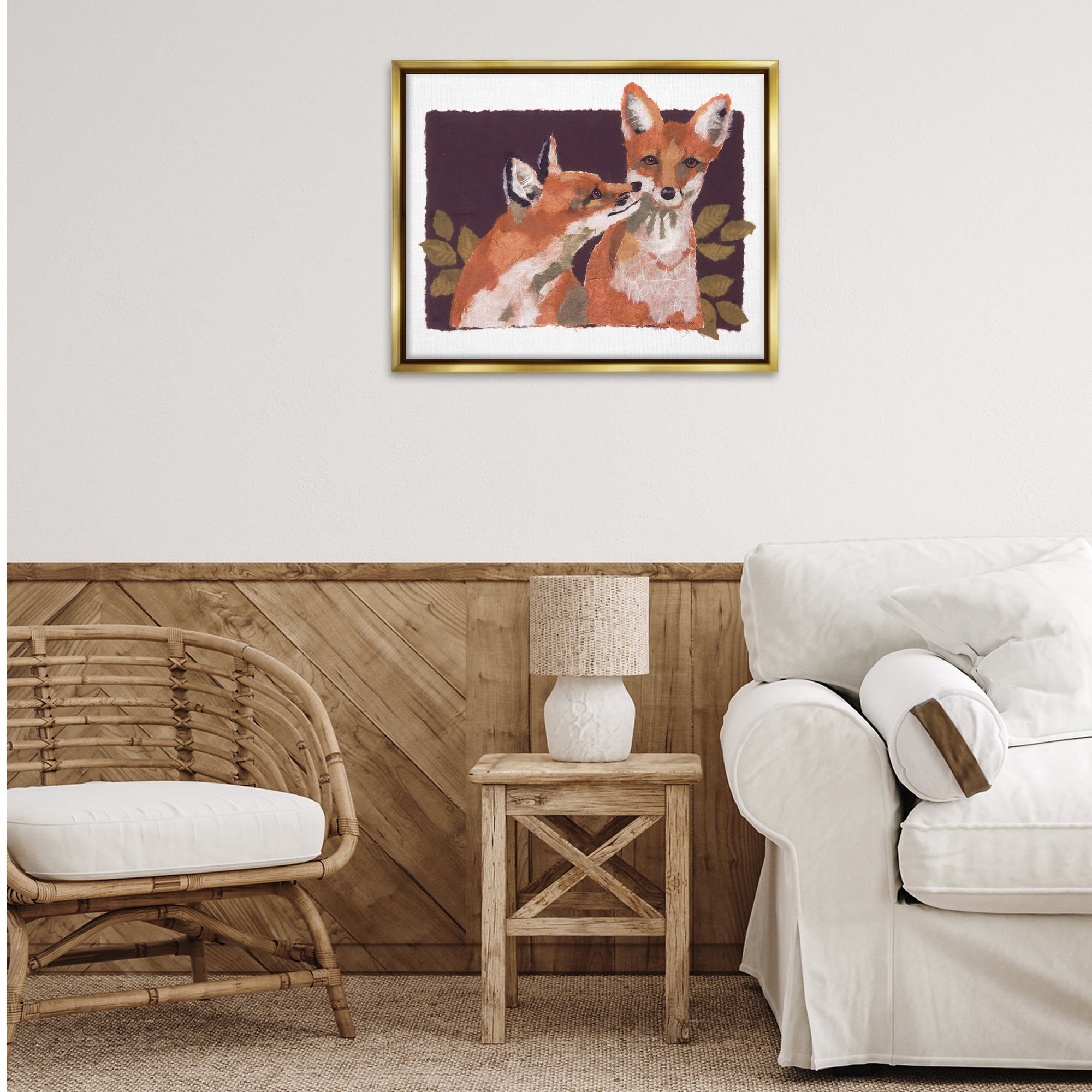 Stupell Industries Woodland Foxes & Leaves Animals & Insects Painting Gold Floater Framed Canvas Art Print Wall Art, 31 x 25