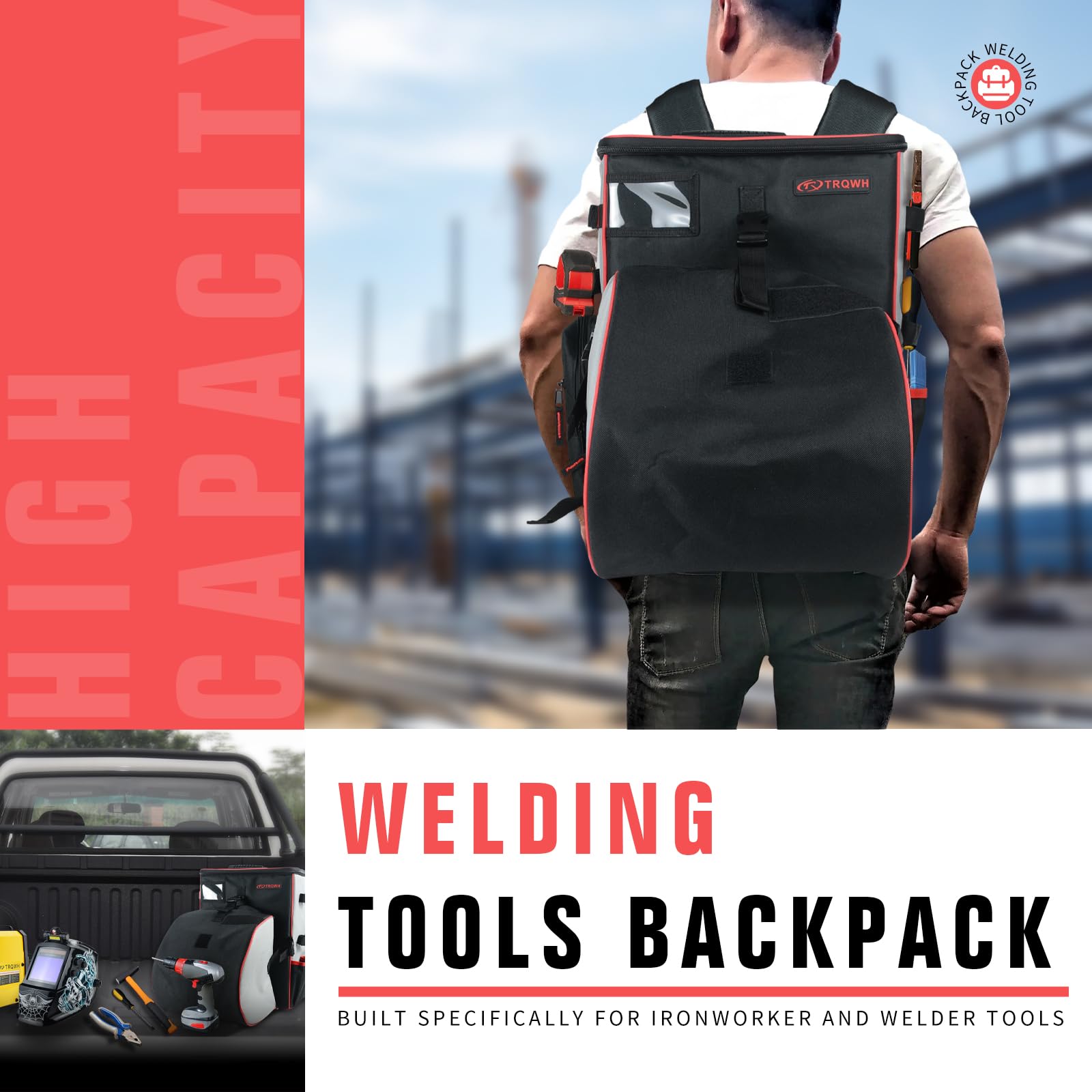 TRQWH Welding Backpack for Men Waterproof Reinforced Bottom Large Capacity Extreme Gear Pack with Helmet Catch Multipurpose Welding Tools Backpack