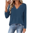 thumbnail image 2 of Xaqiouau Women's V-Neck Long Sleeve T-Shirt Solid Color Relaxed Fit Basic Top Stretch Casual Base Layer Shirt Spring Fall Everyday Wear Versatile Staple Navy S, 2 of 7