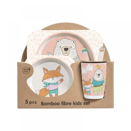 

5PCS Unbreakable Kids Plate and Bowl Set for Healthy Mealtime Bamboo Children Dishware Set with Plate Bowl Cup Fork and Spoon BPA Free Dishwasher Safe